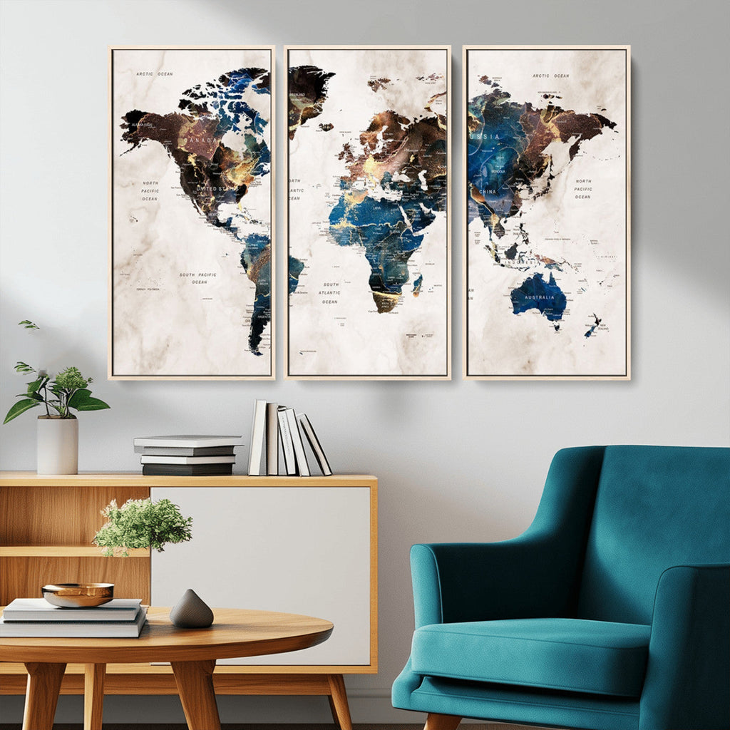 Abstract Earth Tone Blue World Map Canvas Print | Framed Travel Map Wall Art