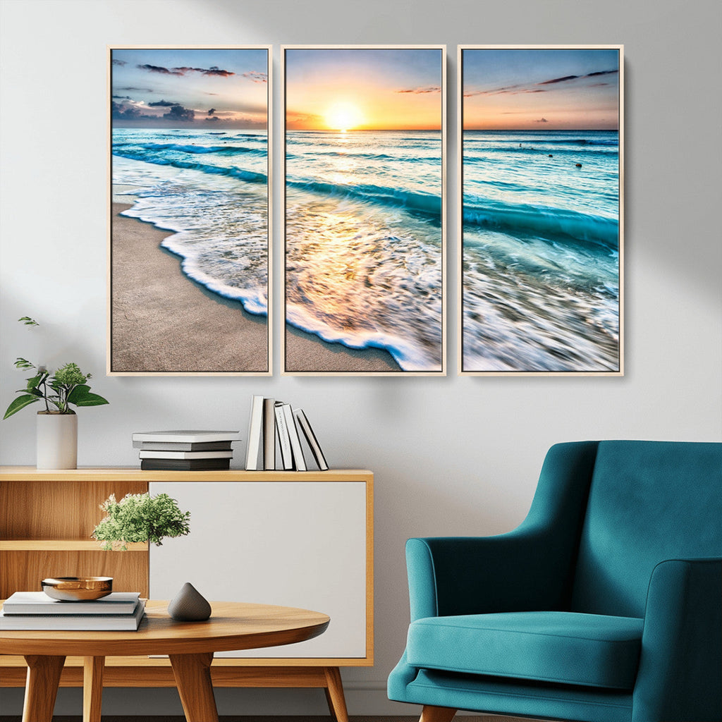 Sunset Beach Waves Canvas Wall Art | Ocean Sunset Coastal Print