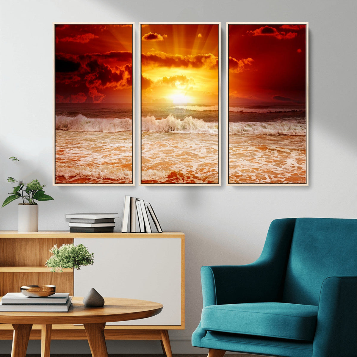 Red Sunset Ocean Beach Canvas Wall Art, Coastal Sunset Print