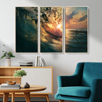 Ocean Wave Sunset Canvas Wall Art | Triptych Seascape Print