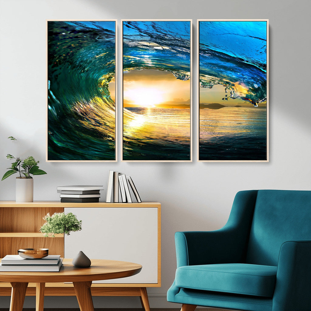 Ocean Wave at Sunset Canvas Art, Large Wall Print of Vibrant Surfing Wave