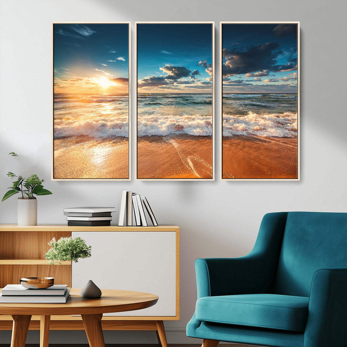 Golden Sunset Beach Triptych Canvas Art, Giclee Coastal Wall Decor, Ocean Waves Print