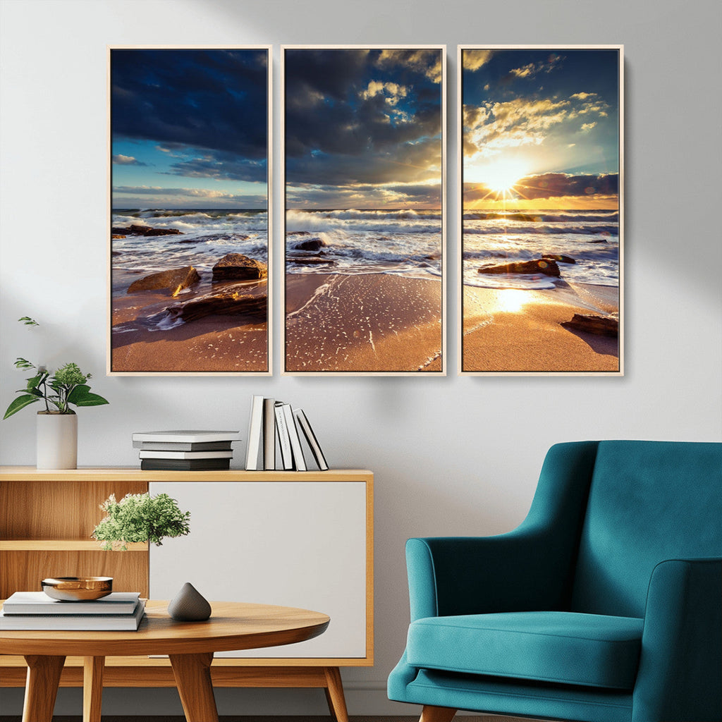 Golden Hour Beach Sunset Canvas Triptych, Ocean Waves and Rocks Wall Art