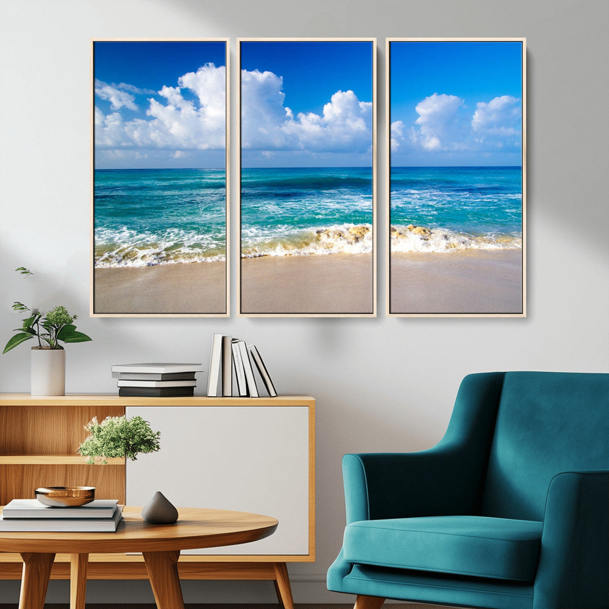 Tropical Beach 3-Panel Canvas Wall Art | Serene Ocean Waves and Blue Sky Print