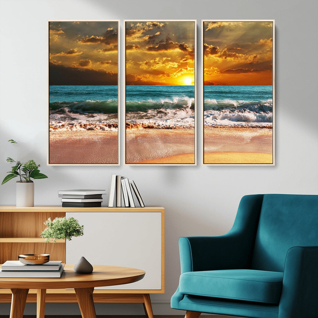 Golden Sunset Beach Canvas Wall Art | Triptych Seascape Print, Framed and Ready to Hang