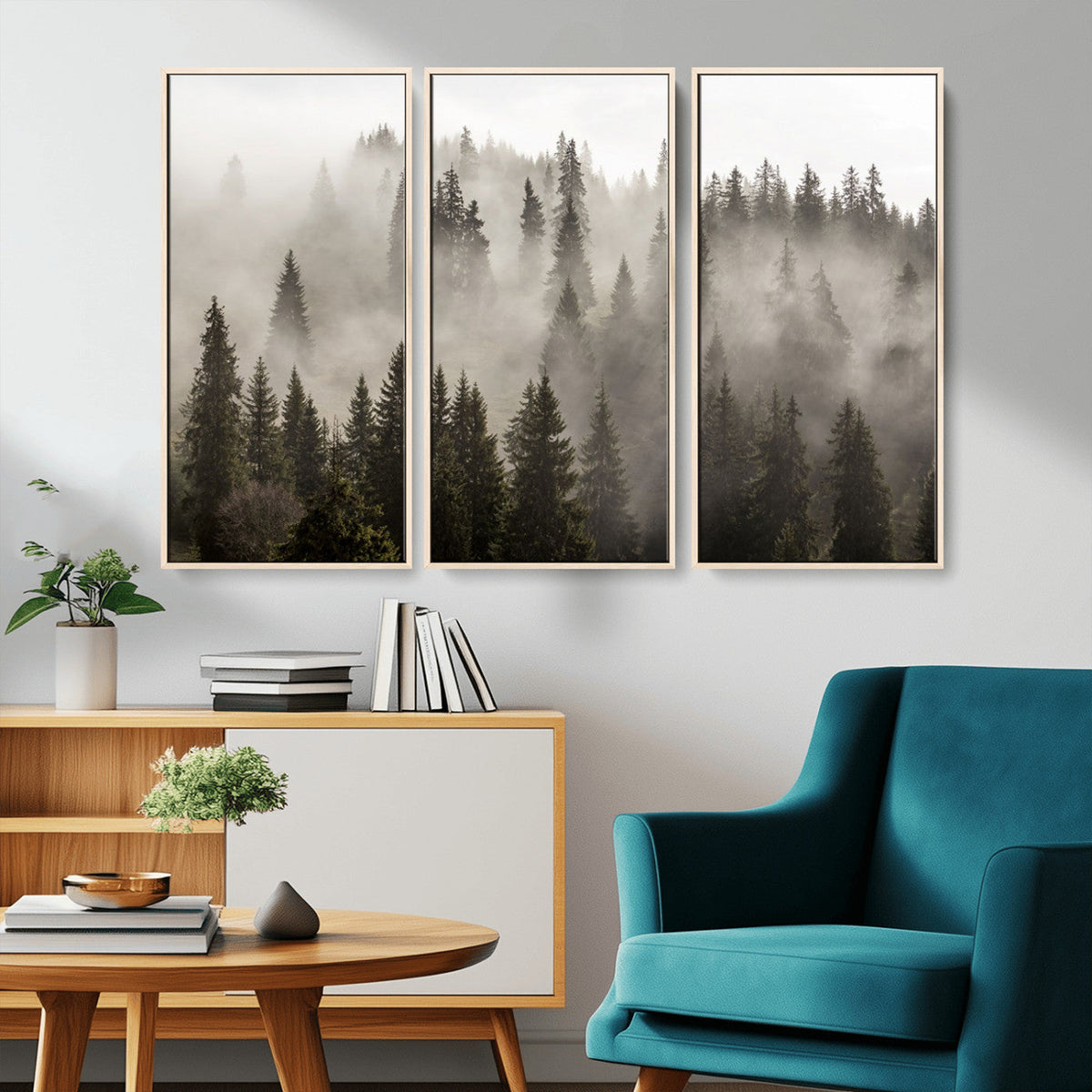 Foggy Mountain Wall Art | 3-Panel Foggy Forest and Mountain Landscape Canvas Print