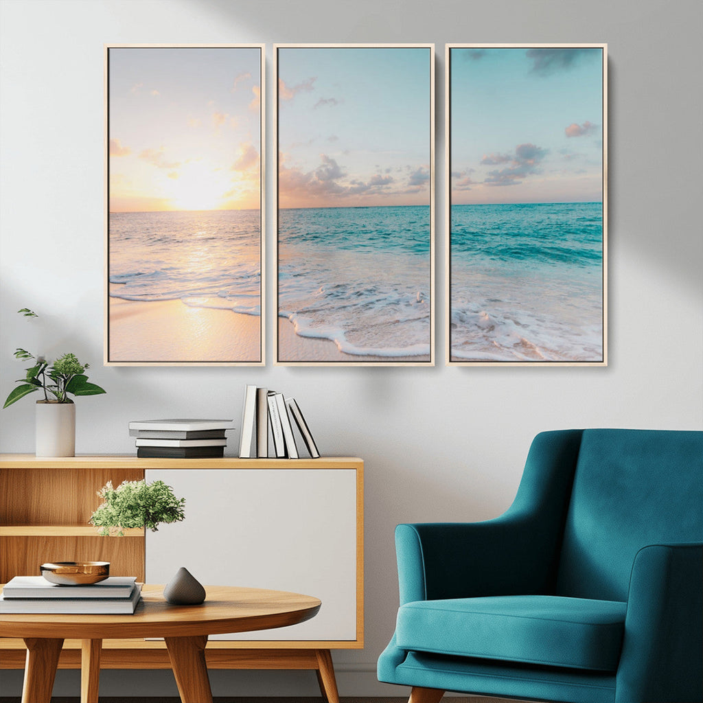 Tranquil Ocean Beach Sunset Canvas Wall Art | 3-Panel Coastal Decor