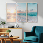 Tranquil Ocean Beach Sunset Canvas Wall Art | 3-Panel Coastal Decor