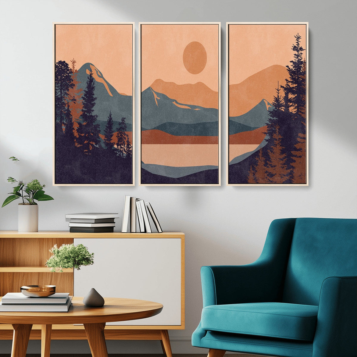 Modern Boho Sunset Canvas Print, Mountain Landscape Triptych