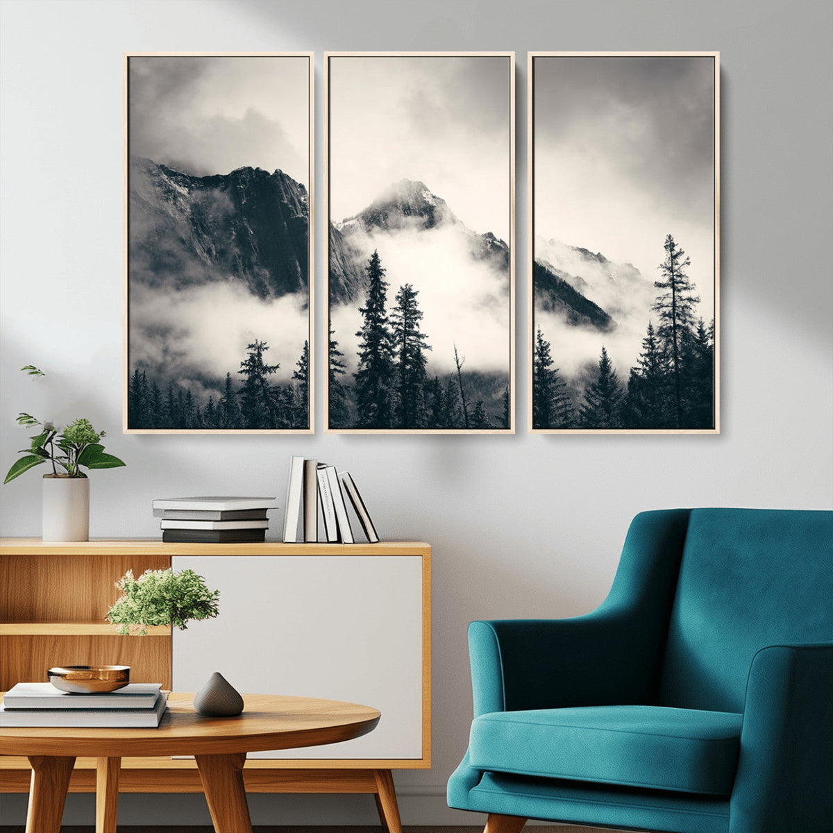 Forest Mountain Print | Black and White Canvas Wall Art with Misty Forest Design
