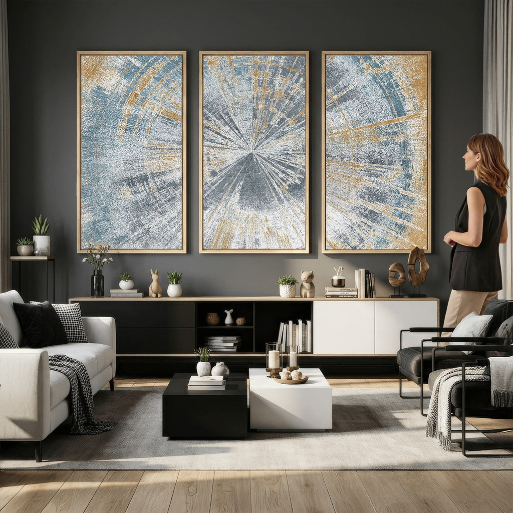 Radiant Abstract Wood Rings Canvas Art, Modern Triptych Wall Decor for Living Room or Office