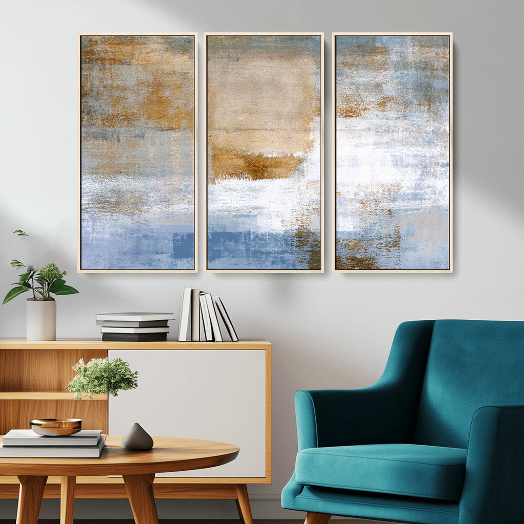 Blue Multi Panel Abstract Wall Art Canvas, Abstract Blue and Gold Canvas Print