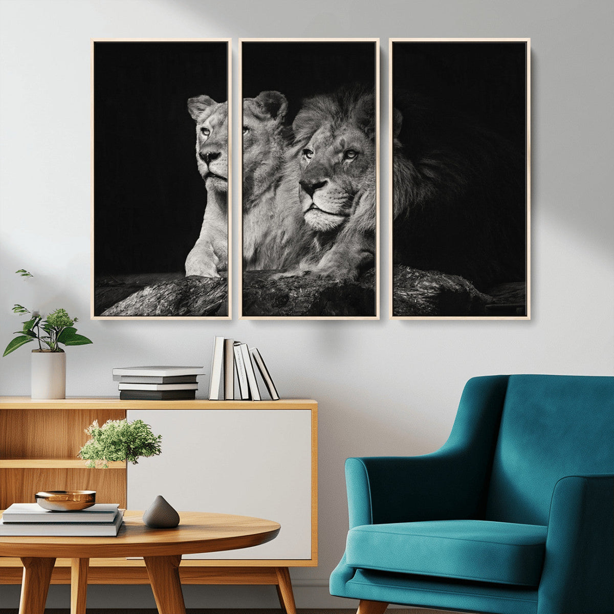 Lion Couple Wall Art Canvas Print, Elegant Black and White Wildlife Portrait