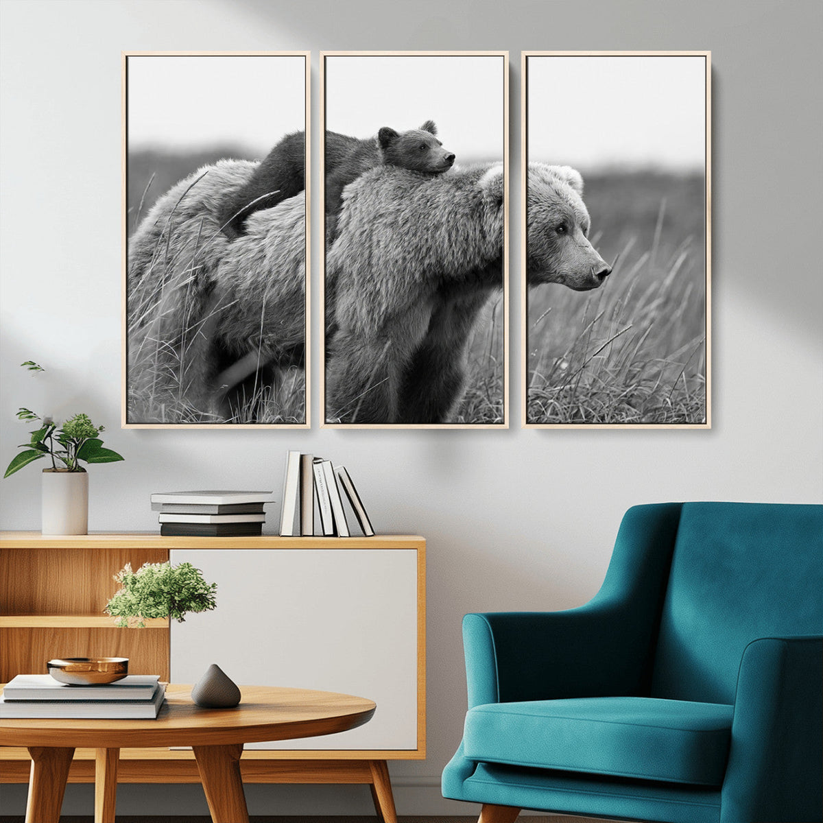 Bear and Cub Wall Art Canvas | Grizzly 399 Bear and Cub Black and White Wildlife Print