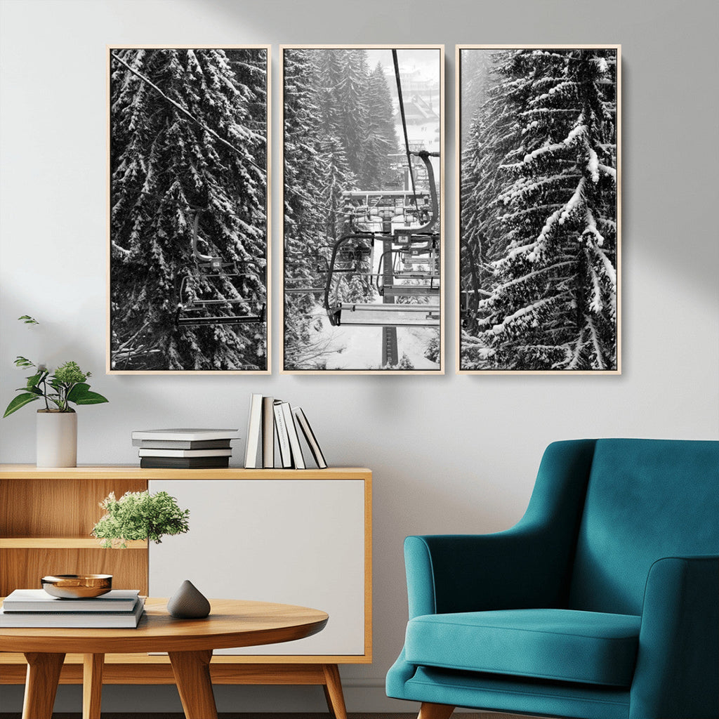 Winter Ski Lift Black and White Canvas Wall Art | Alpine Escape in Minimalist Style