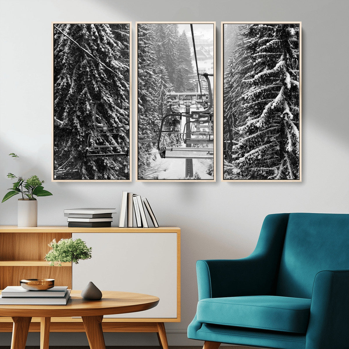Winter Ski Lift Black and White Canvas Wall Art | Alpine Escape in Minimalist Style