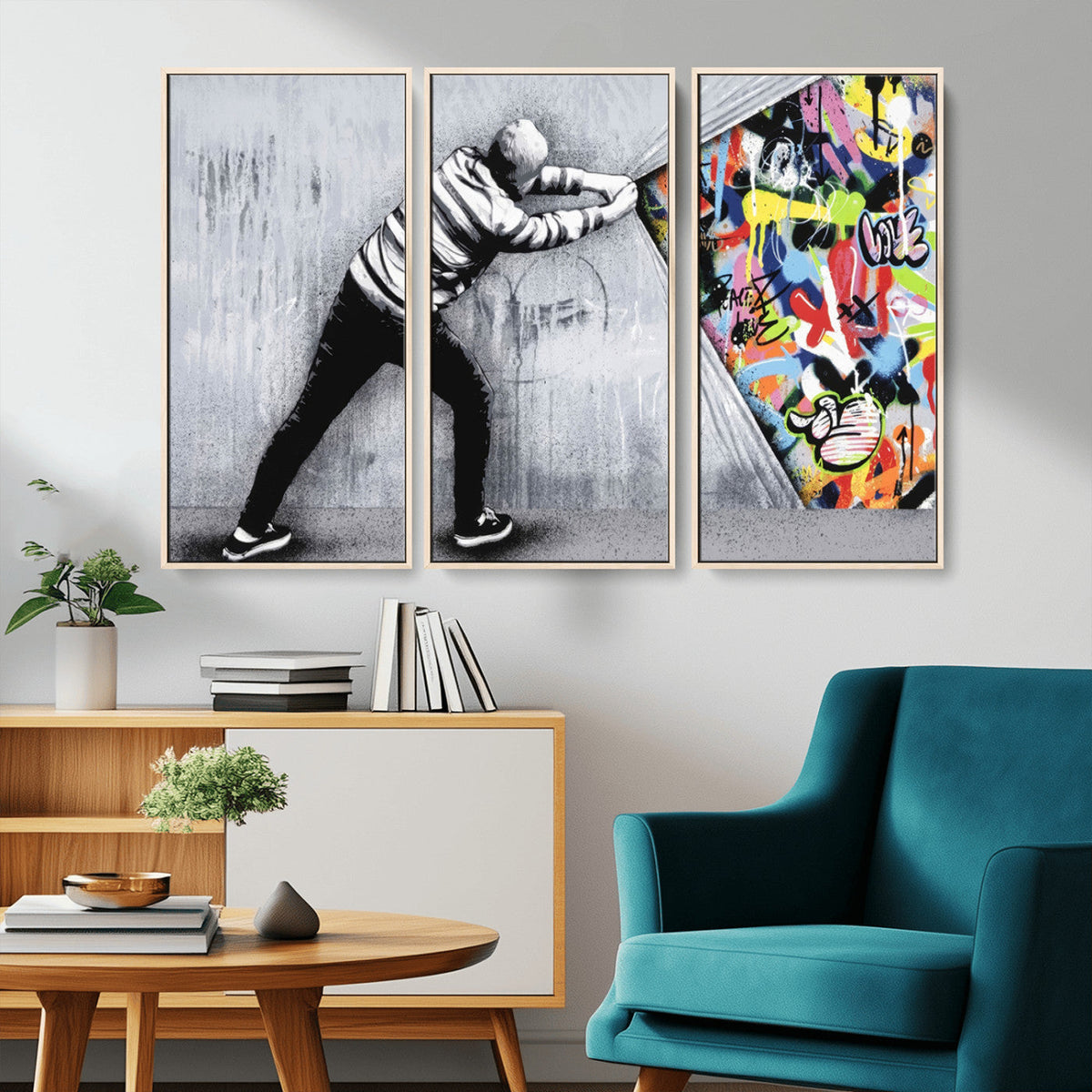 Banksy Art Behind the Curtain Street Wall Art Canvas Print | Urban Graffiti Style Wall Decor