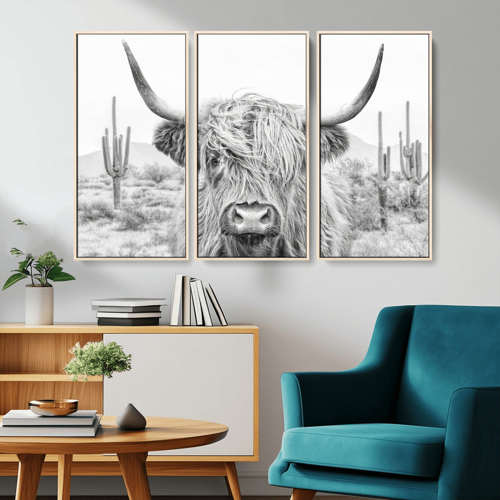 Rustic Charm, Cow Longhorn Black White Bighorn Wall Art
