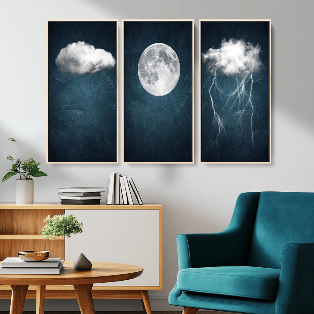 3 Piece Indigo Cloud Wall Art, Thunderstorm Moon Cloud Artwork