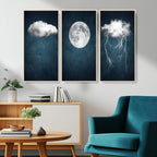 3 Piece Indigo Cloud Wall Art, Thunderstorm Moon Cloud Artwork