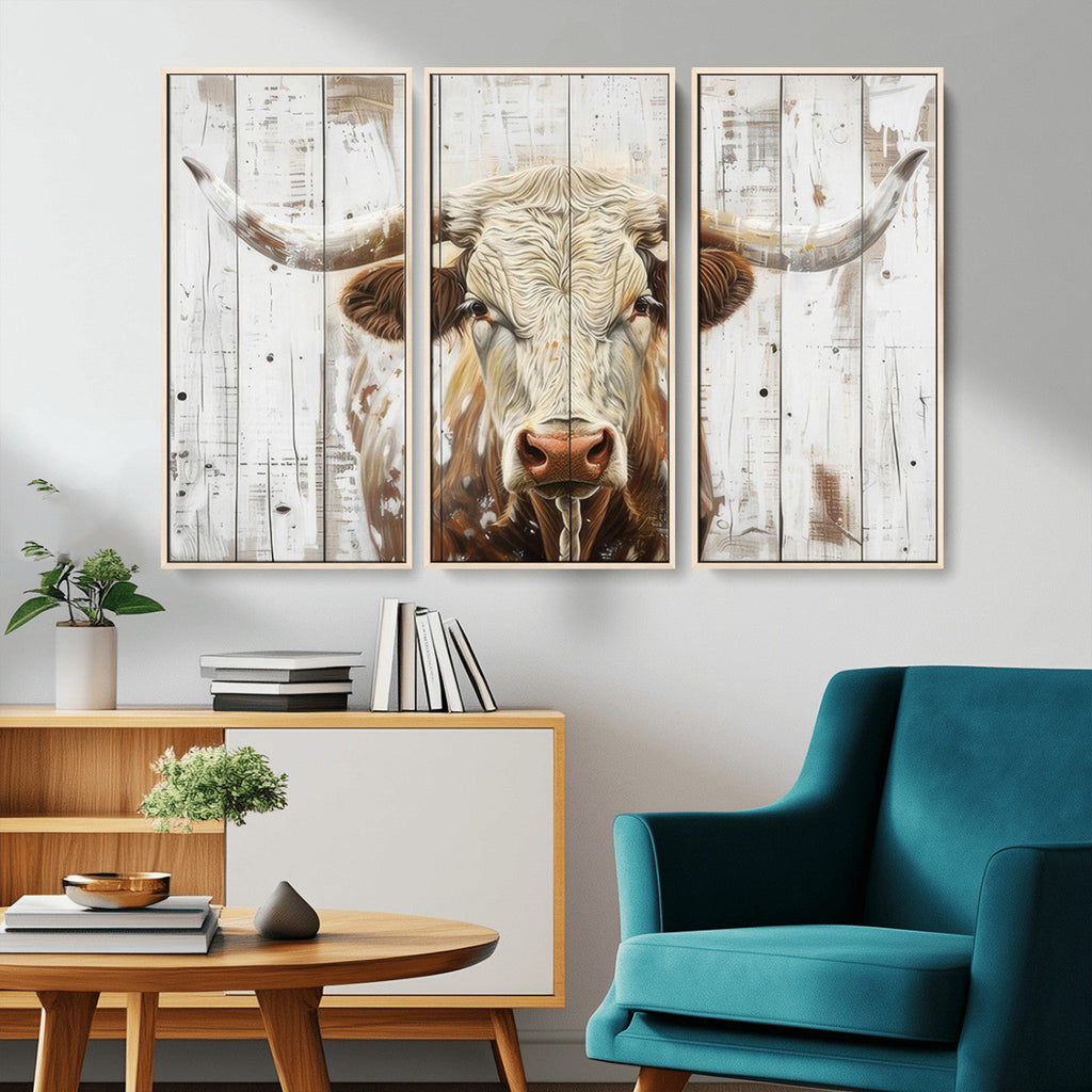 Rustic Longhorn Bull Wall Art Canvas Set
