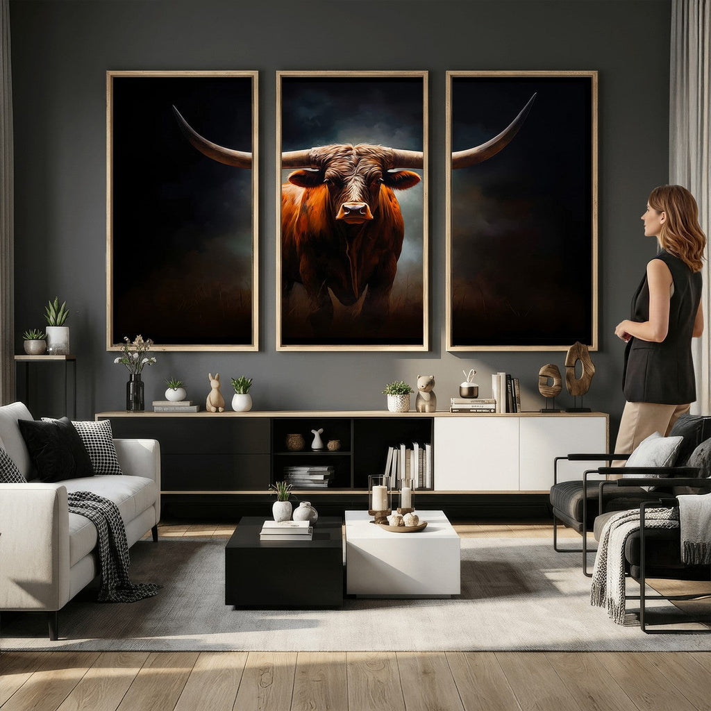 Abstract Texas Longhorn Wall Art Print | 3-Panel Large Texas Longhorn Canvas
