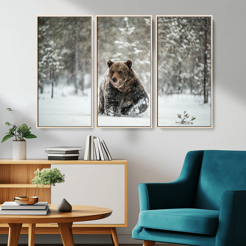 Grizzly Bear Wall Art | Framed Snowy Forest Canvas Artwork