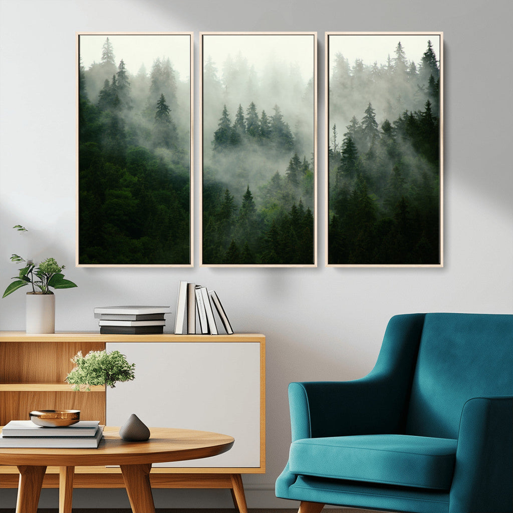 Misty Forest Wall Art | Tranquil Green Woodland Canvas Print