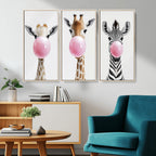 Bubblegum Animals Canvas Wall Art, Playful Giraffe and Zebra Trio, Whimsical Nursery and Kids Room Decor