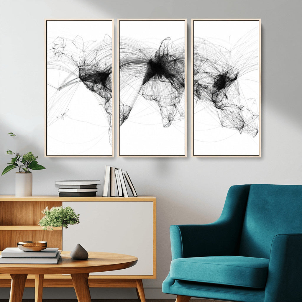 Abstract World Map Wall Art | Framed Geometric Line Canvas