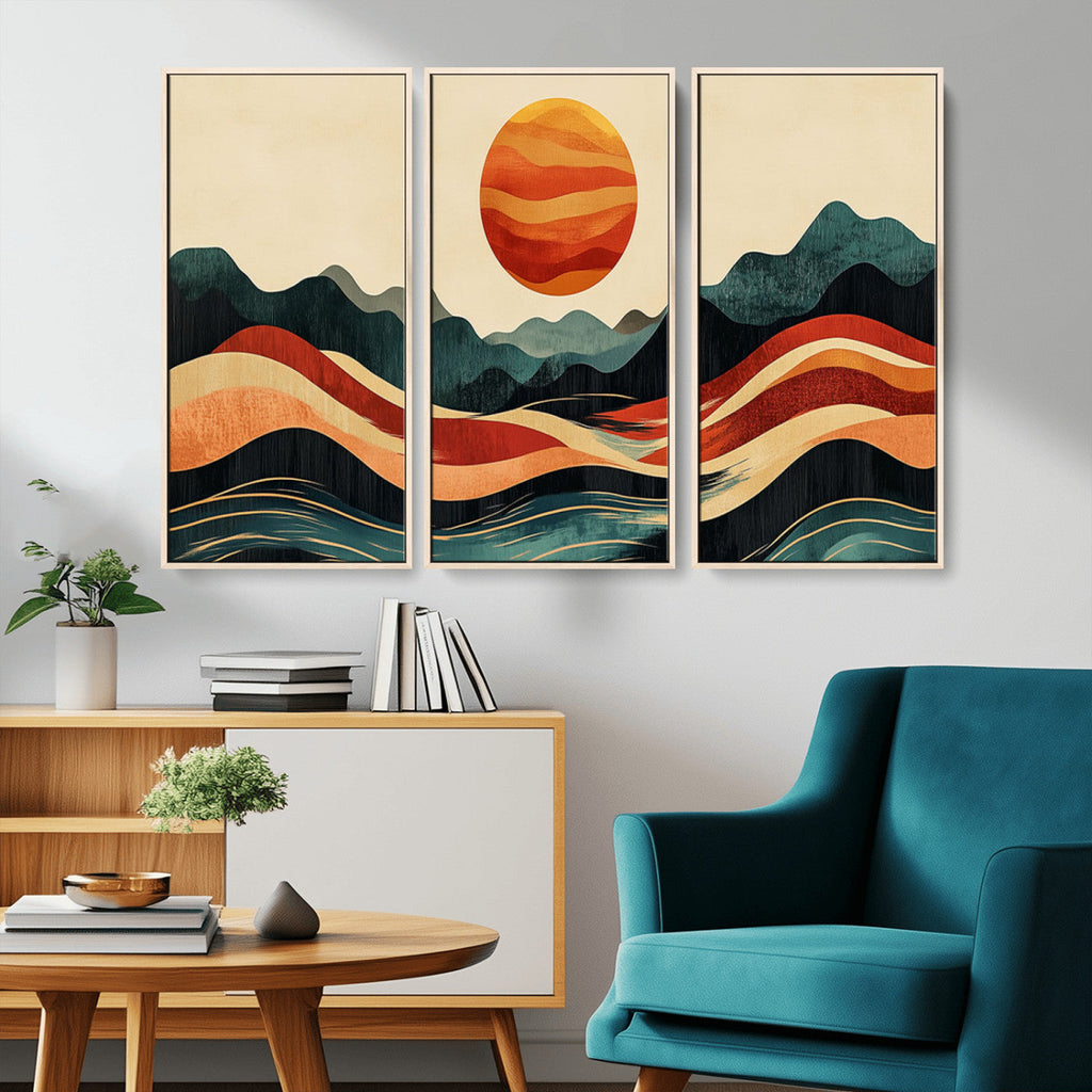 Mountain Triptych Wall Art Canvas Print | Western Boho Pine Tree Nature Print