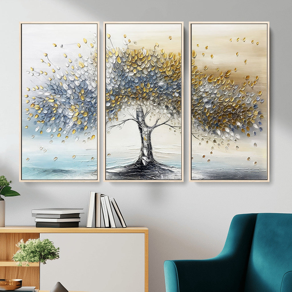 Golden and Silver Tree Wall Art | Framed Elegant Leaves Canvas