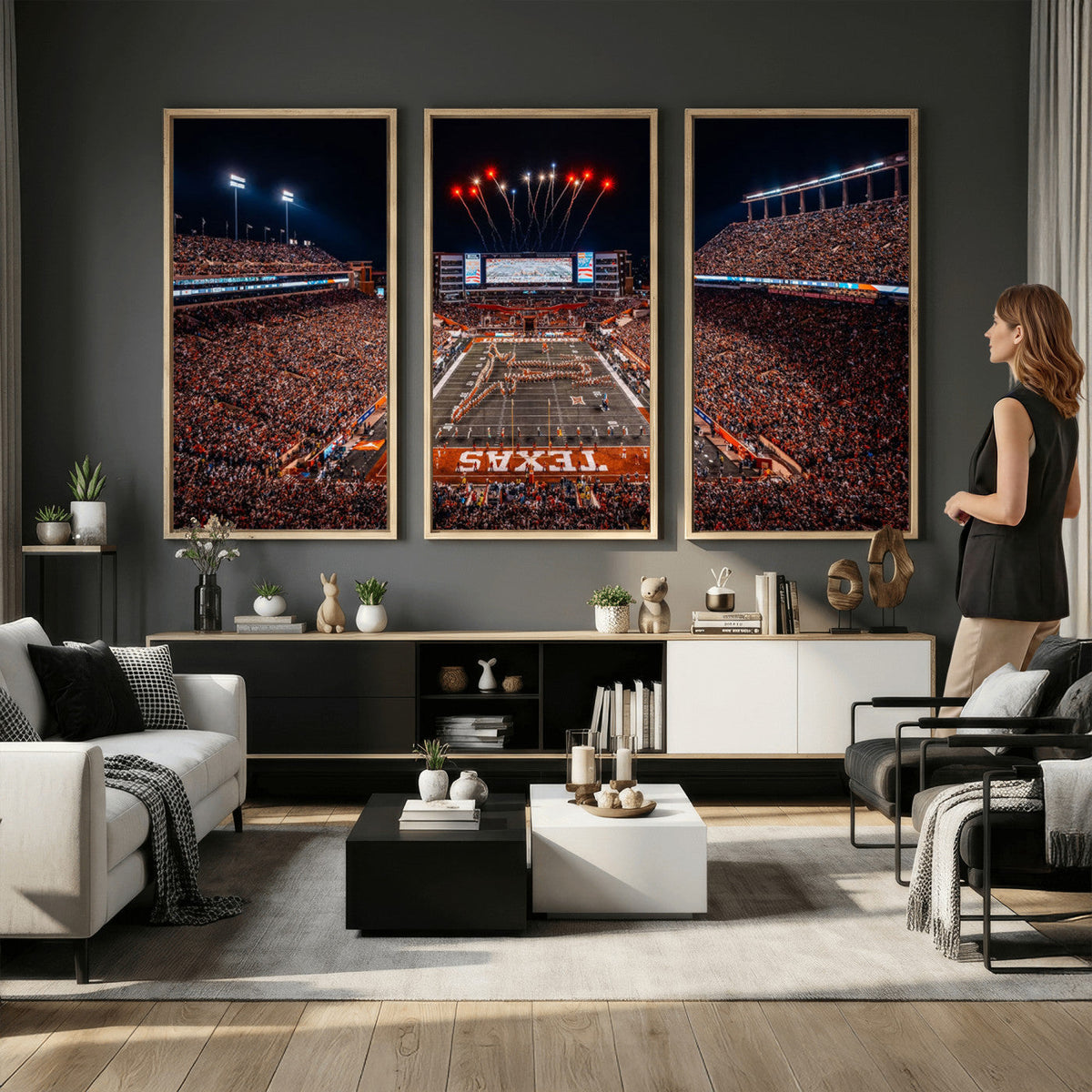 Texas Stadium Night Game Wall Art Canvas Print, Vibrant Football Fireworks Scene