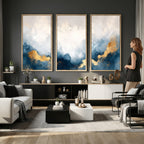 Abstract Blue and Gold Clouds Wall Art Canvas Print, Framed Modern Landscape Artwork