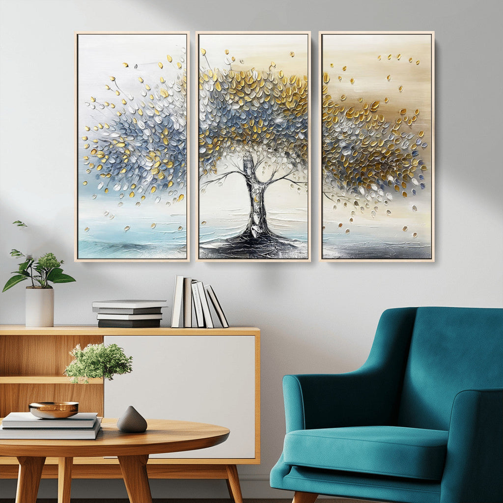 Silver Tree Wall Art | Framed Golden Leaves Canvas Artwork