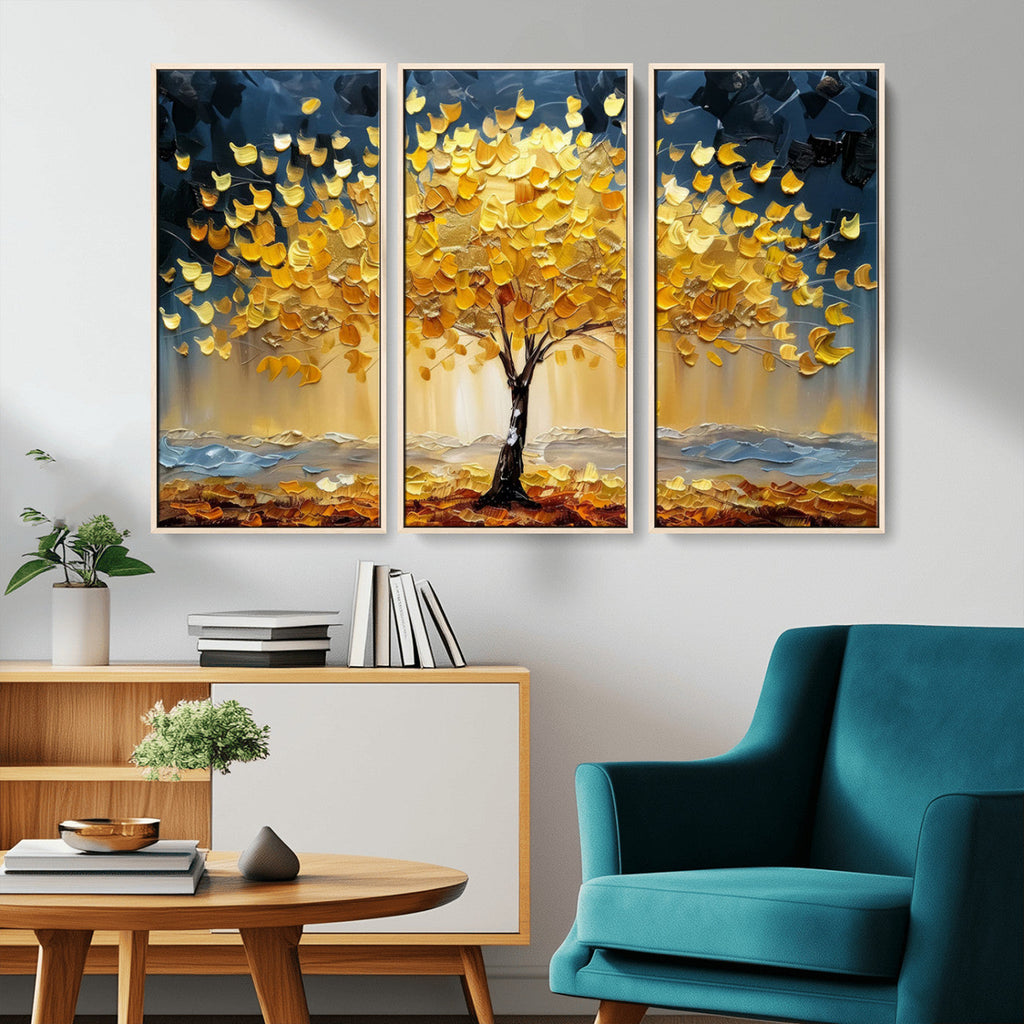 Golden Tree Wall Art | Framed Autumn Leaves Canvas Artwork