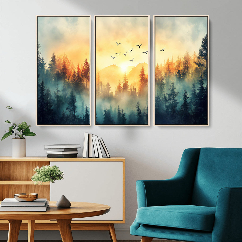 Sunrise Forest Wall Art | Framed Misty Pines Canvas Artwork