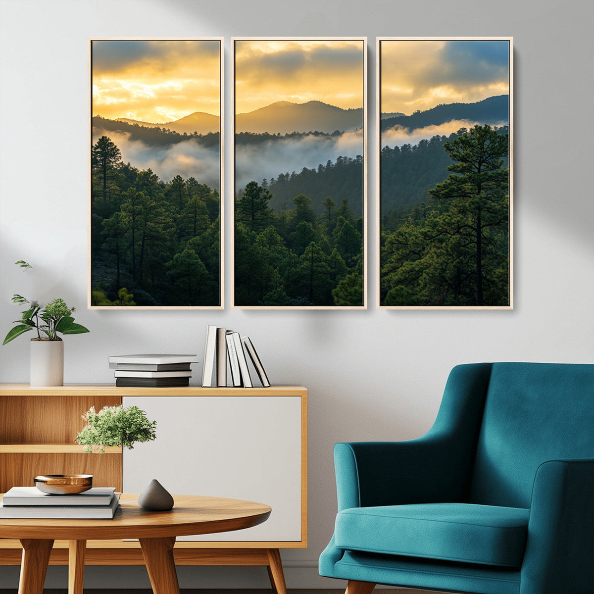 Mountain Sunrise Wall Art | Framed Pine Forest Canvas