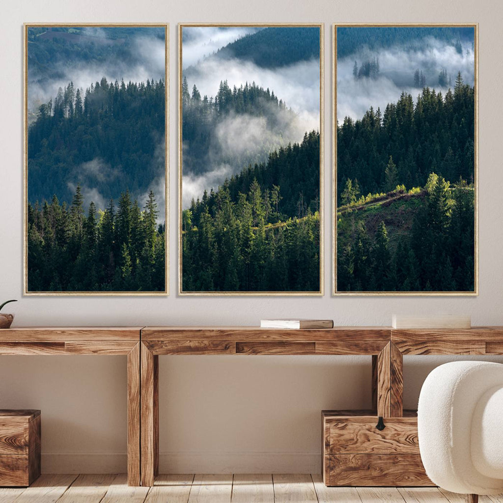 Misty Forest Wall Art Canvas Print | Pine Hills with Foggy Trees