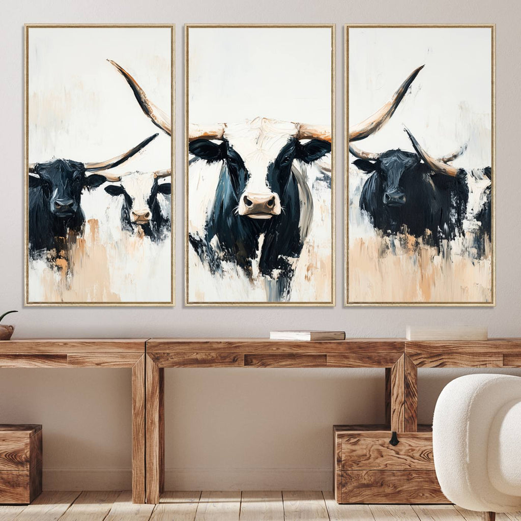 Texas Longhorn Wall Art Canvas Print | Majestic Horned Bull in Black and White