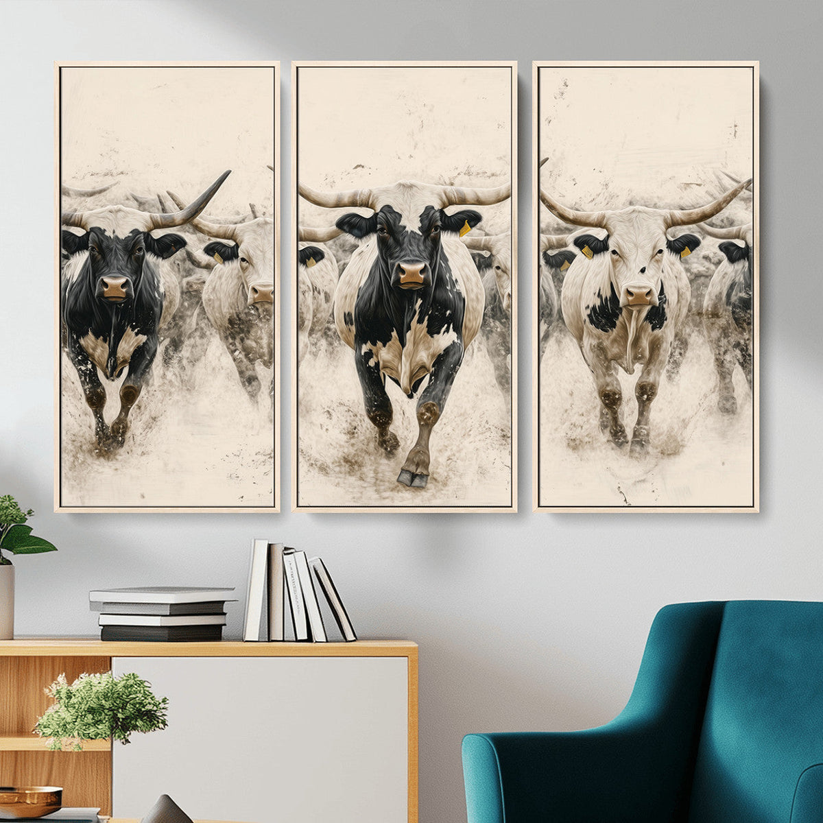 Texas Longhorn Wall Art | Framed Cattle Walking Canvas