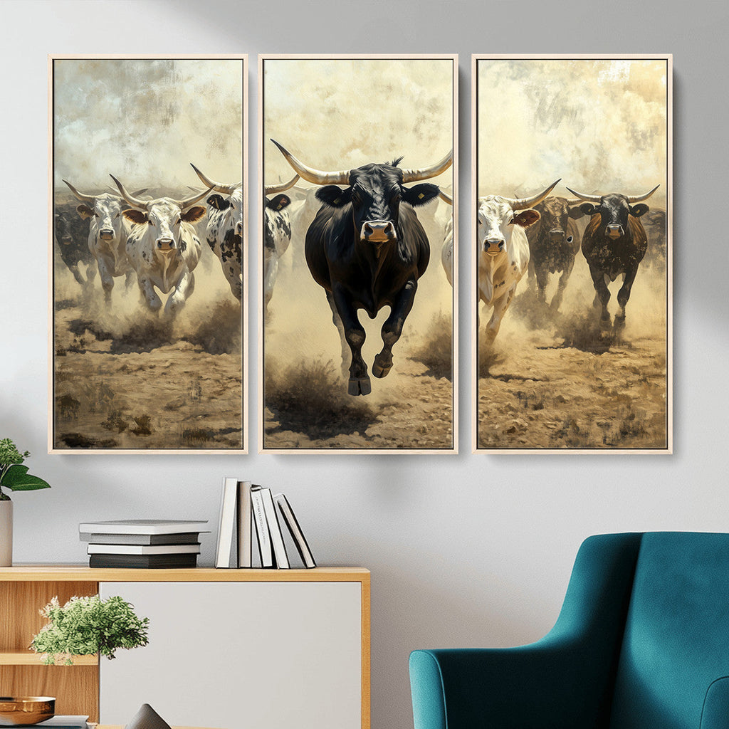Texas Longhorn Wall Art | Framed Charging Cattle Canvas