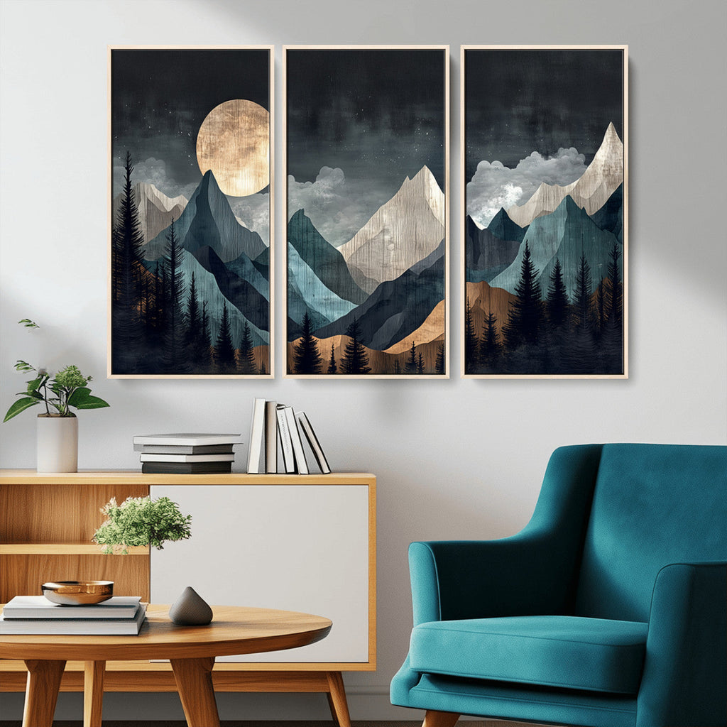 Moonlit Mountain Wall Art Canvas Print, Framed Silhouetted Pines Art, Layered Peaks Rustic Decor