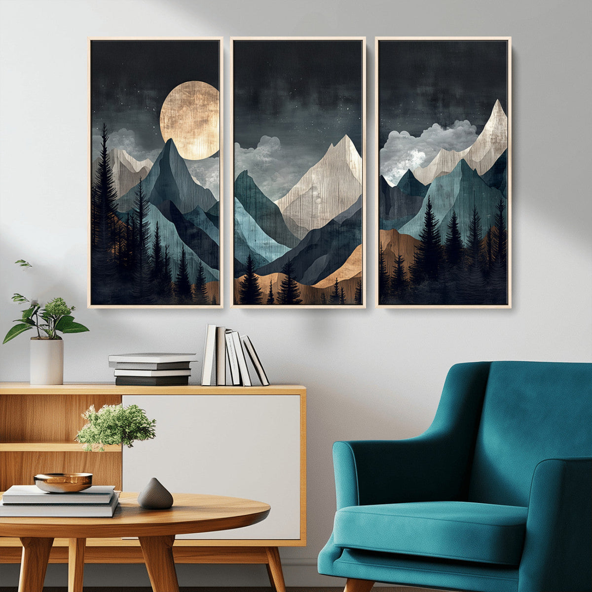 Moonlit Mountain Wall Art Canvas Print, Framed Silhouetted Pines Art, Layered Peaks Rustic Decor