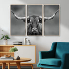 Texas Longhorn Wall Art Canvas Print, Framed Western Bull Photography, Rustic Log Cabin Decor