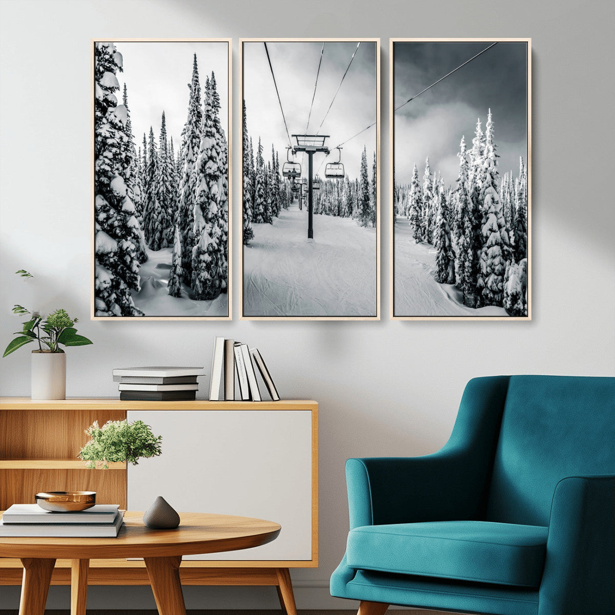 Snowy Pines Wall Art Canvas Print | Ski Lift in a Winter Forest