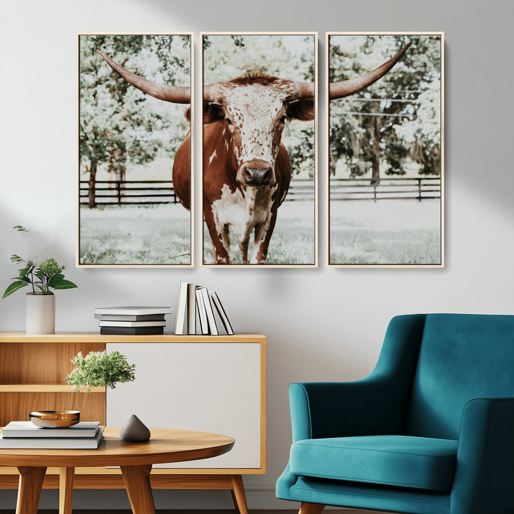 Texas Longhorn Wall Art Canvas Print | Framed Spotted Brown and White Bull