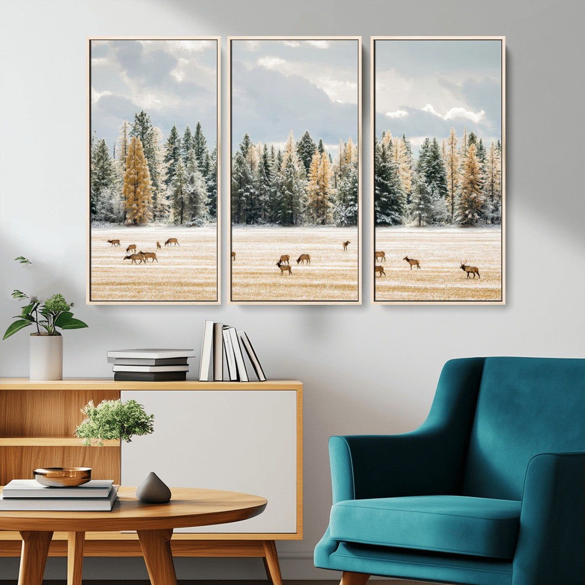 Elk Herd Wall Art, Framed Snowy Forest Canvas Artwork
