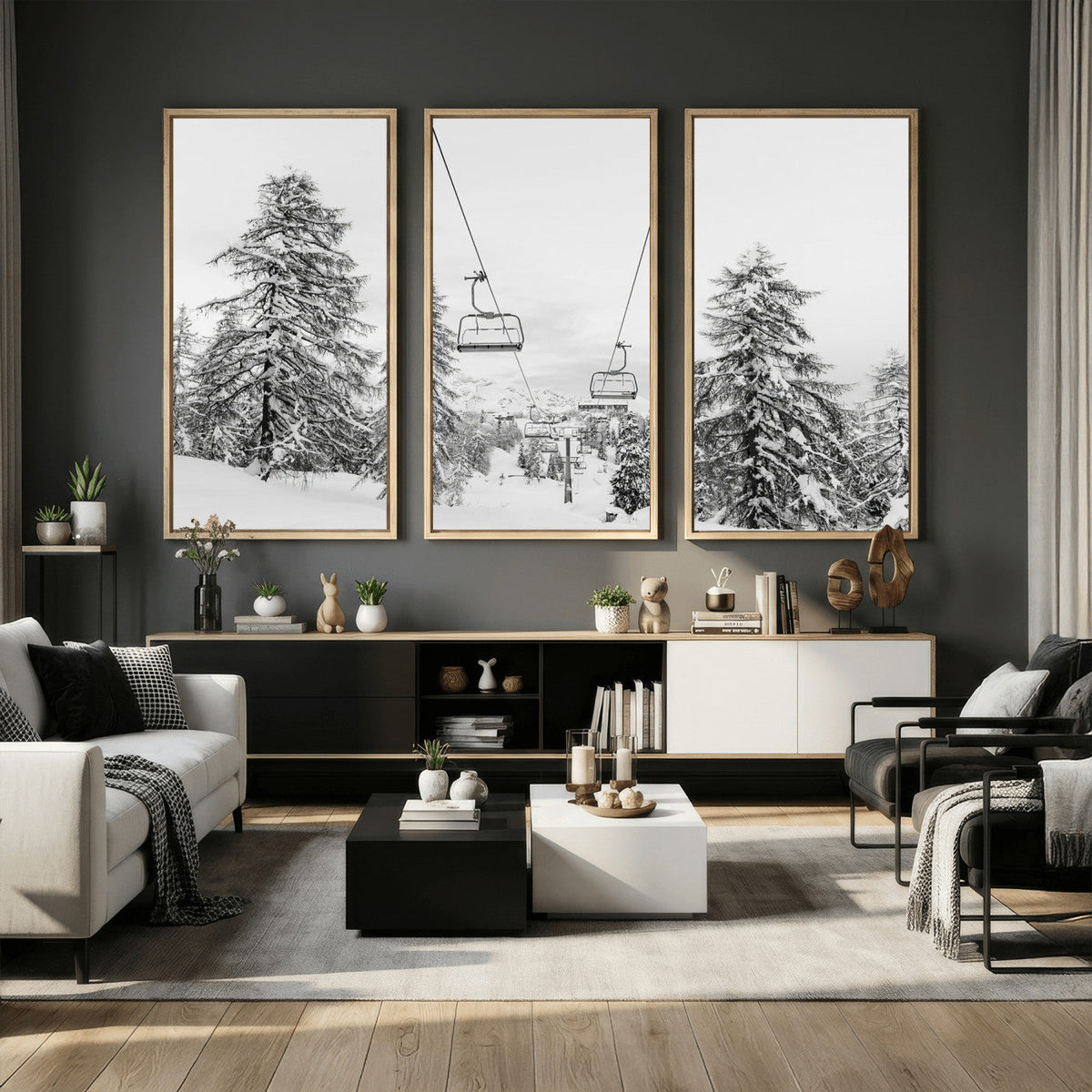 Snowy Ski Lift Wall Art | Framed Winter Forest Canvas