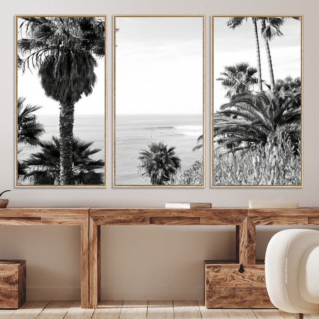Palm Trees Wall Art Canvas Print, Framed Coastal Ocean Horizon Monochrome Art
